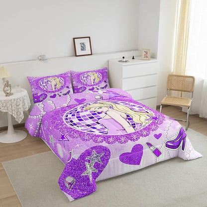 Girly Princess Kids Comforter Set King Size,High-heeled Shoes Lip Bowknot Romantic Bedding Set,Girls Women Room Decor,Glitter Sequin Diamond Down Comforter,Purple Dreamy Duvet Insert,2 Pillowcases