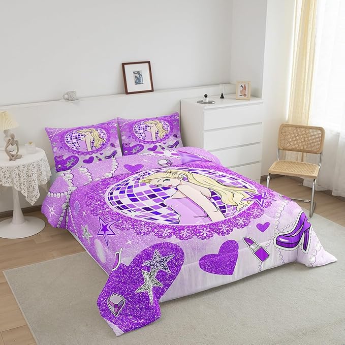 Girly Princess Kids Comforter Set Full Size,High-heeled Shoes Lip Bowknot Romantic Bedding Set,Girls Women Room Decor,Glitter Sequin Diamond Down Comforter,Purple Dreamy Duvet Insert,2 Pillowcases