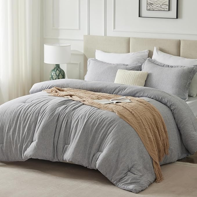 CozyLux Full Size Comforter Set - 3 Pieces Light Grey Soft Luxury Cationic Dyeing Bedding Comforter for All Season, Light Gray Breathable Lightweight Fluffy Bed Set with 1 Comforter and 2 Pillow Shams