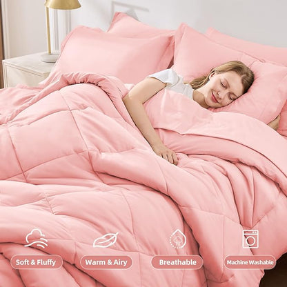 FUANNA 7 Pieces Queen Comforter Set, All Season Bed in a Bag Queen Size, Luxury Soft Bedding Sets with Comforter, Flat Sheet, Fitted Sheet, Pillowcases & Pillow Shams, Pink