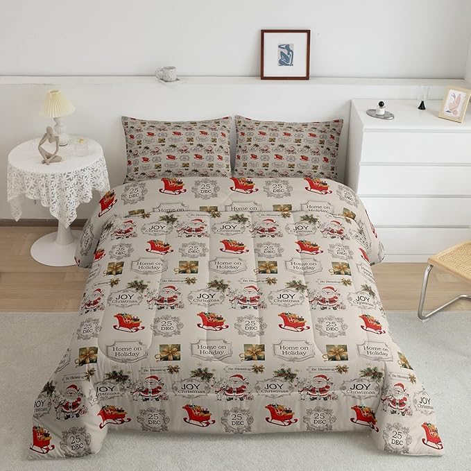 Merry Christmas Bedding Set Full Size,Cartoon Santa Clause Sleigh Print Comforter Set,Vintage Xmas Quilt Set for Kids Boys Girls Adult Room Decor,Khaki and Colorful Reversible Duvet Insert 3Pcs