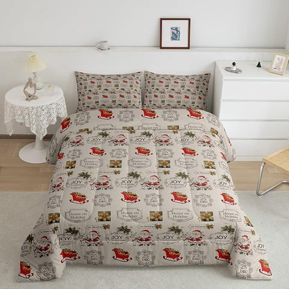 Merry Christmas Bedding Set Full Size,Cartoon Santa Clause Sleigh Print Comforter Set,Vintage Xmas Quilt Set for Kids Boys Girls Adult Room Decor,Khaki and Colorful Reversible Duvet Insert 3Pcs