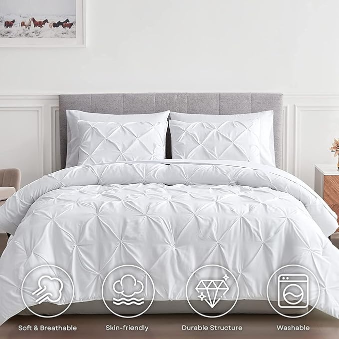 Maple&Stone Twin XL Comforter Set, 5 Pieces Twin XL Bedding Set, Pinch Pleat Bed in a Bag Twin XL with Comforter, Sheets, Pillowcase & Sham - White