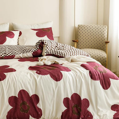CLOTHKNOW Burgundy Sunflower Comforter Set - California King, Red Beige Floral Bedding - 3Pcs Dark Red Beige Comforter Sets