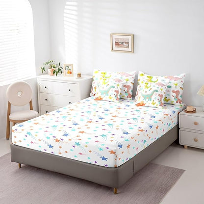 jejeloiu Kids Cartoon Dinosaur 7 Piece Bedding Set Full Size Cute Dinosaur Comforter Set with Sheets for Boys Girls Teens Cute Flower Bed in a Bag Animal Bed Set