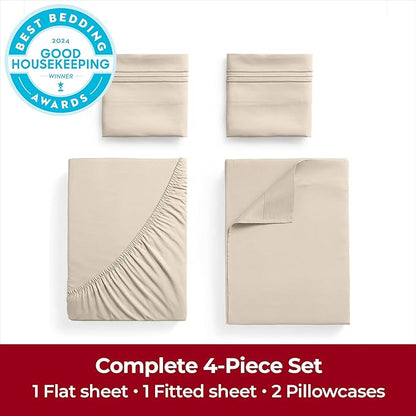 Mellanni Extra Deep Queen Sheets - 4 PC Iconic Collection Bedding - Hotel Luxury, Ultra Soft, Cooling Bed Sheets - Wrinkle, Fade, Stain Resistant (Queen, Beige)