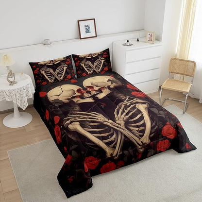 Erosebridal Sugar Skull Down Comforter Toddler Size, Gothic Skeleton Bones Comforter Set, Halloween Horror Bedding Set, Rose Flower Quilt for Teens Youth Adult Women Men Room