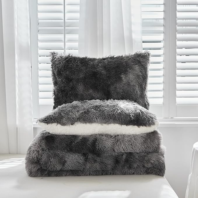 Luxury Faux Fur Shaggy Comforter Set King Size, Plush & Sherpa Reversible Comforter Tie Dye Black, 3 Pieces Fluffy Fuzzy Bedding Set Ultra Soft and Warm for Winter (1 Comforter + 2 Pillowcases)