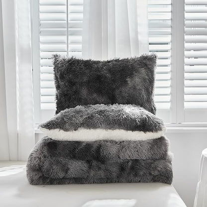 Luxury Faux Fur Shaggy Comforter Set Twin Size, Plush & Sherpa Reversible Comforter Tie Dye Black, 3 Pieces Fluffy Fuzzy Bedding Set Ultra Soft and Warm for Winter (1 Comforter + 2 Pillowcases)