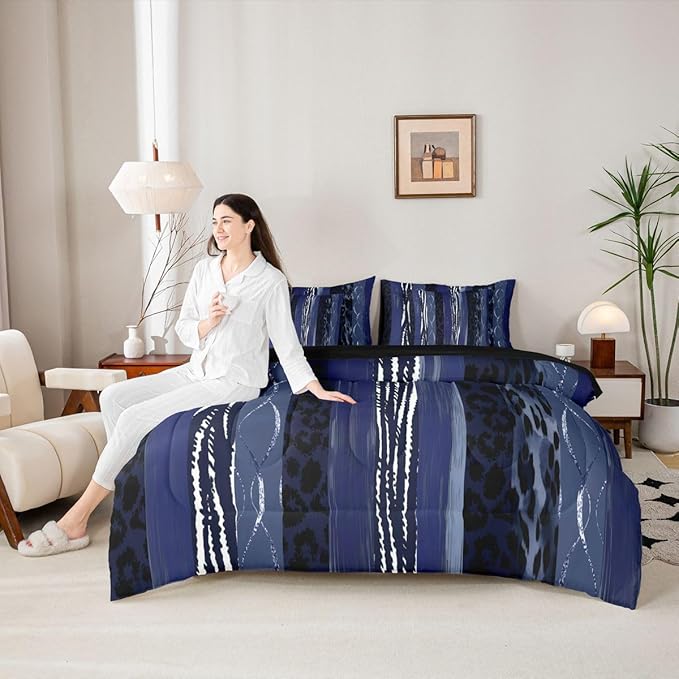 Erosebridal White Dark Blue Stripe Leopard Print Full Comforter Set 7 Pieces | Cheetah Fur Bed in A Bag for Bedroom Women Men Adults Bedding Set with Comforters Animal Skin Pattern Room Decor