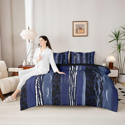 Erosebridal White Dark Blue Stripe Leopard Print King 7-Piece Comforter Set | Cheetah Fur Geometric Sheets and Pillowcases Women Men Adults Bed in A Bag Animal Skin Pattern Bed Sets