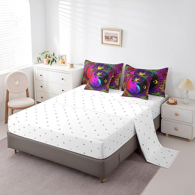 Feelyou Galaxy Life Tree Bedding Set with Comforter, Twin Size 7Pcs Sun Moon Comforterative Colorful Boho Exotic Bed in a Bag with Comforter, Astrology Space Room Decor