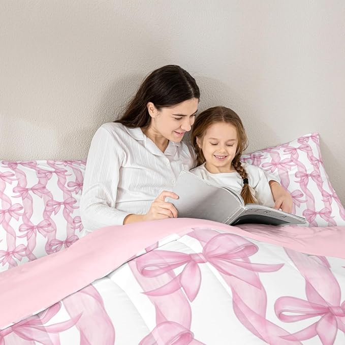 Girls Pink Bow Comforter Set King Size,Sweet Bow Ribbon Print Bedding Sets 3Pcs,Princess Style Girly Quilted Duvet for Kids Teens Woman Youth Room Decor,Bowkont Lines Down Comforter,2 Pillowcases