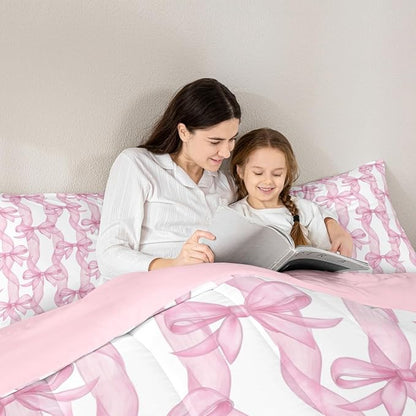 Girls Pink Bow Comforter Set King Size,Sweet Bow Ribbon Print Bedding Sets 3Pcs,Princess Style Girly Quilted Duvet for Kids Teens Woman Youth Room Decor,Bowkont Lines Down Comforter,2 Pillowcases