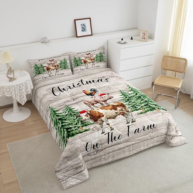 Christmas Farmhouse Twin Size Comforter Set,Xmas Pine Trees Snowflake Duvet Set Soft Bed Collection,Cartoon Cow Chicken Pig Bedding Comforter for Boys Girls Bedroom,2 Pcs