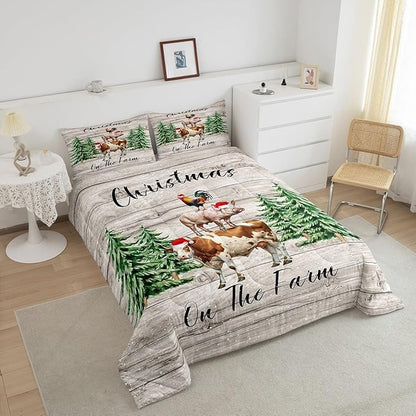 Christmas Farmhouse Bedding Set for Boys Girls,Cartoon Cow Chicken Pig All Season Cozy Comforter Set Full Size,Xmas Pine Trees Snowflake Duvet Set Bedroom Decor,Festival Gifts