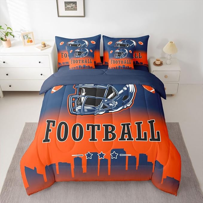 Erosebridal American Soccer King Boys 7 Pcs Bedding Set Sports Rugby Blue Orange Comforter Set with Sheets for Kids Teen Adults,Football City Bed in A Bag Ball Sports City Silhouette Bed Set