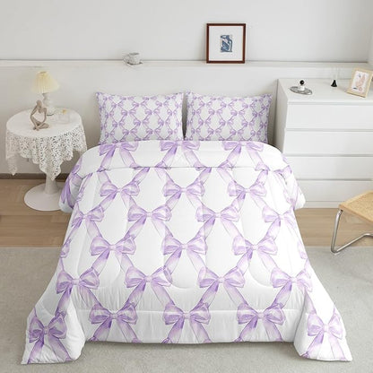 Erosebridal Bow Bedding Comforter Sets Dreamy Princess Style Bowknot Bedding Set Purple Watercolor Bow Tie Comforter Set Twin Size for Kids Boys Girls Room Decor,Geometric Ribbon Bowknot Quilt Duvet
