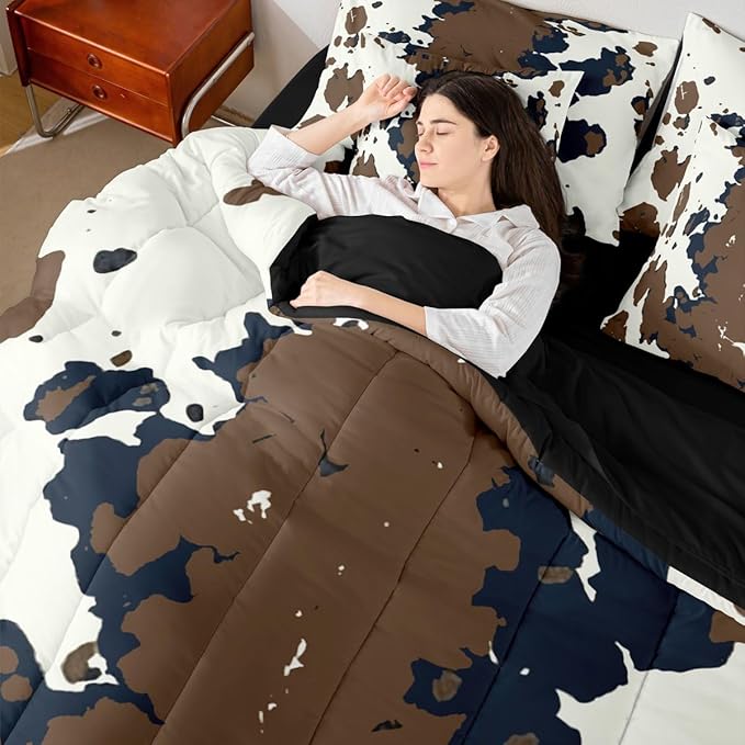 Erosebridal Cowhide 7 Piece Bedding Set Twin Cow Print Comforter Set with Sheets Western Farm Rustic Fur Highland Skin Bed in A Bag Beige Blue Bed Sets