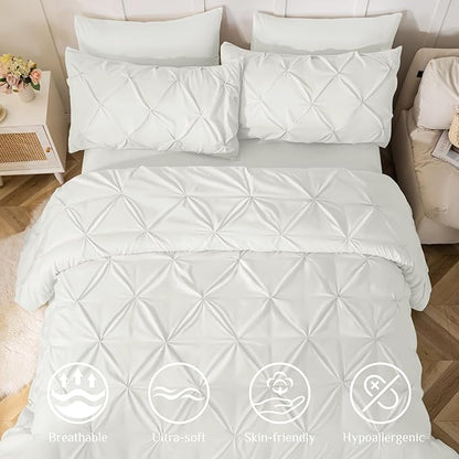 JOLLYVOGUE King Size Comforter Set 7 Pieces - Bed in a Bag King for All Season, Pintuck Bedding Comforter Sets with Comforter, Flat Sheet, Fitted Sheet and Pillowcases & Shams, White