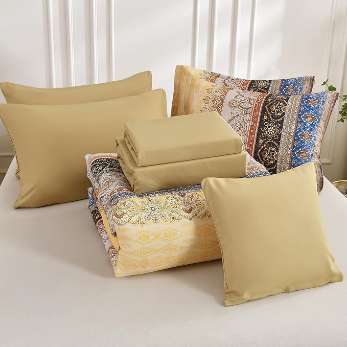 Cottolester Boho Queen Comforter Set 8 Pieces, Yellow Bohemian Striped Bed in a Bag, Paisley Soft Microfiber Bedding Comforter Set