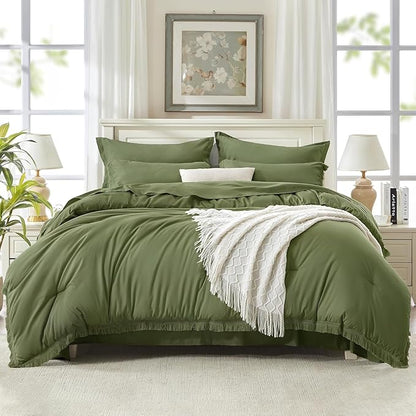 Andency Oversized King Comforter Set Olive Green 120x98-7 Pieces Boho Tassel Bed in a Bag Soft Lightweight Bedding Sets, Fringe All Season Bed Set with Comforter, Sheets, Pillowcases & Shams