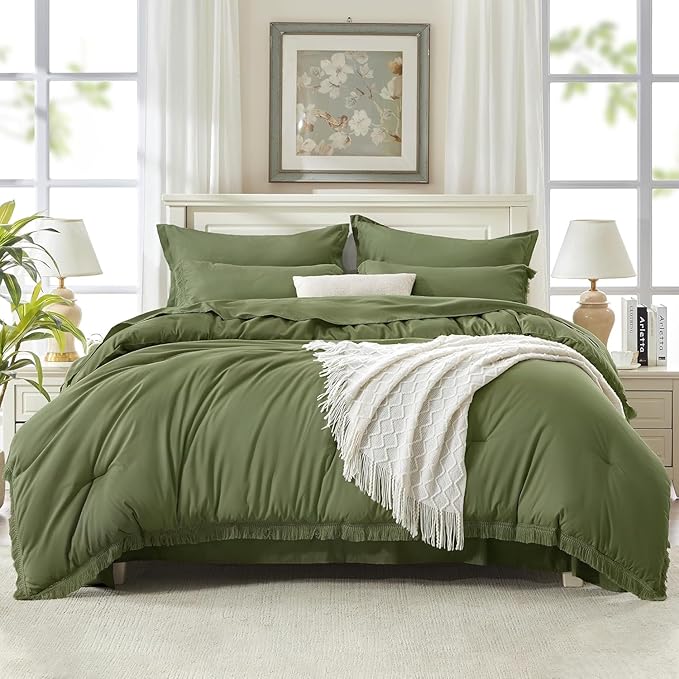 Andency Oversized King Comforter Set with Sheets 128x120 Olive Green - 7 Pieces Bed in a Bag Boho Soft Lightweight Bedding Sets, Tassel Bed Set with Comforter, Sheets, Pillowcases & Shams