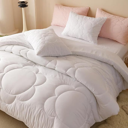 CLOTHKNOW White Comforter Set Full Daisy Puff Bedding Comforter Sets Soft Floral Boho Comforter White Comforter with 2 x Pillow Cases