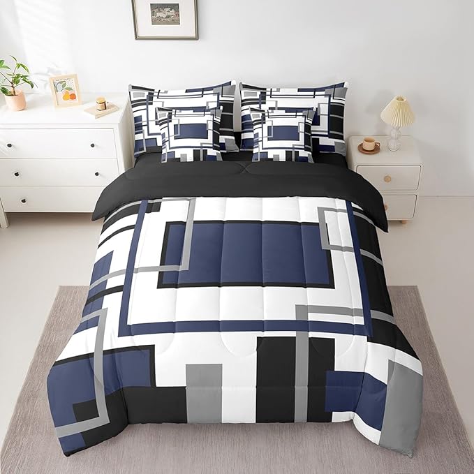 Erosebridal 7Pcs Navy Blue Black Comforter Set Twin,Geometric Bed in A Bag for Women Men,Minimalist Modern Striped Square Bedding with Bed Sheets,Vintage Boho Art Stripes Quilt Set with Pillowcases