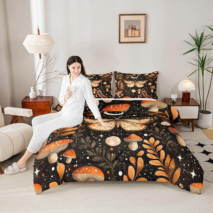 Erosebridal Orange Mushroom Comforter Set King, Gothic Moth Bedding Set for Kids Boys Girls Adults Gothic Bedroom Decor, Butterfly Vintage Plants Comforter, Moon and Starry Star Black Quilt