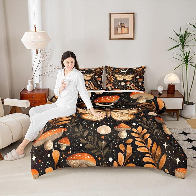 Erosebridal Orange Mushroom Comforter Set Full, Gothic Moth Bedding Set for Kids Boys Girls Adults Gothic Bedroom Decor, Butterfly Vintage Plants Comforter, Moon and Starry Star Black Quilt