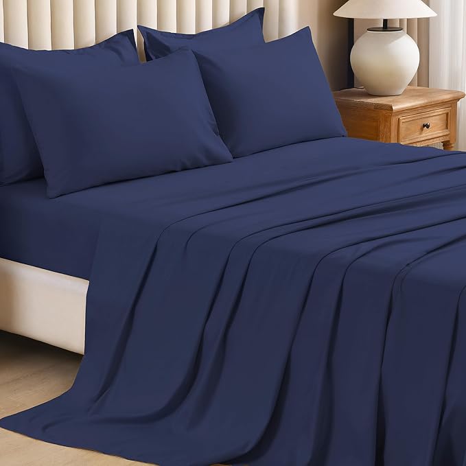 Litanika Queen Comforter Set Navy Blue - 7 Pieces Bed in a Bag Queen Bedding Comforter Sets, Solid Lightweight Bed Set with Comforter, Sheets, Pillowcases & Shams