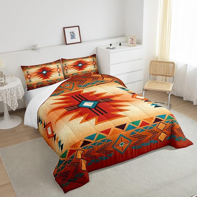 Western Bedding Set King Size,Southwest Comforter Set for Kids Teens Women Men,Aztec Tribal Bohemian Quilt Set 3Pcs Vintage Geometric Striped Orange Red Rustic Duvet Insert Bedroom Decor