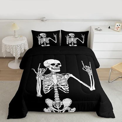 Erosebridal Gothic Skull Bedding Set Full, Halloween Rock Roll Music Hippie Posing Skeleon Comforter Set, Black Comforter, Funny Skull Skeleton Victory Quilt with 2 Pillowcases