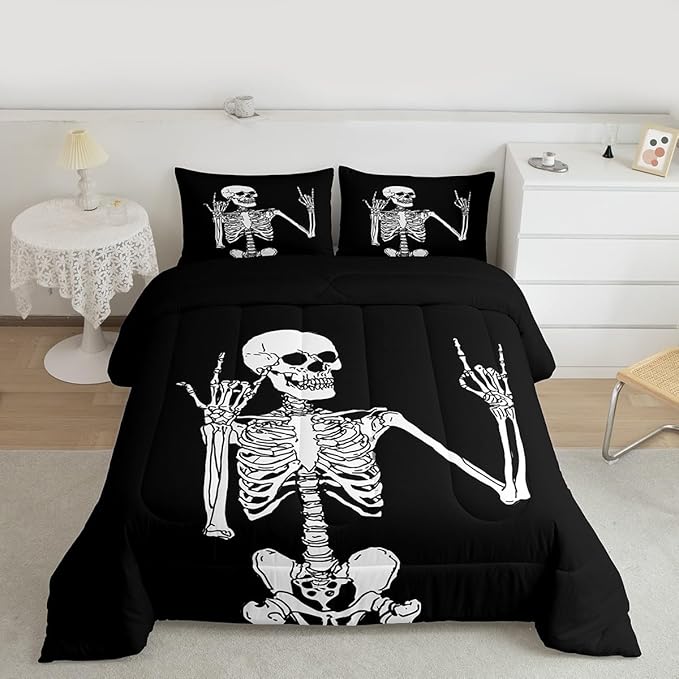 Erosebridal Gothic Skull Twin Comforter Set, Halloween Rock Roll Music Hippie Posing Skeleon Bedding Set, Black Comforter, Funny Skull Skeleton Victory Quilt with 1 Pillowcase