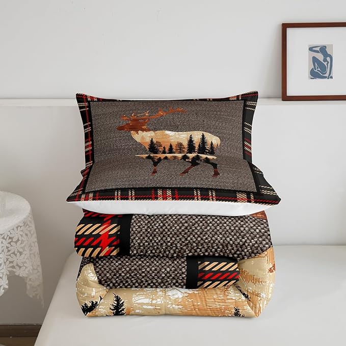 Erosebridal Elk Deer Comforter Set Queen,Hunting Deer Wild Animals Bedding Set for Teens,Western Farmhouse Orange Grey Down Comforter,Nature Antlers Moose Quilted Comforter Bedroom Decor Warm