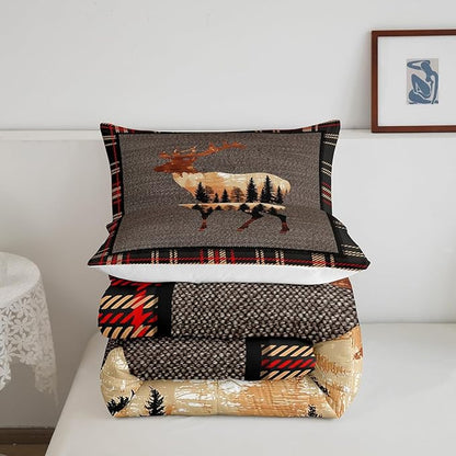 Erosebridal Elk Deer Comforter Set Twin,Hunting Deer Wild Animals Bedding Set for Teens,Western Farmhouse Orange Grey Down Comforter,Nature Antlers Moose Quilted Comforter Bedroom Decor Warm