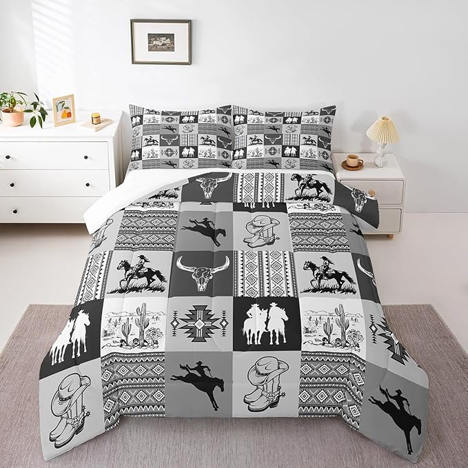 Southwestern Bedding Sets,Cowboy Comforter Set 2Pcs for Boys Girls Adult Room Decor,Aztec Boho Tribal Striped Quilt Set Bull Skull Cowboy Boots Print Black Grey Grid Duvet Insert Twin Size