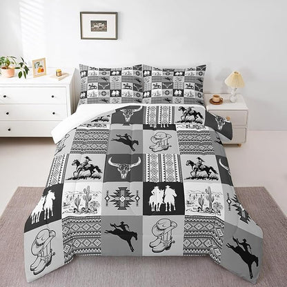 Southwestern Bedding Sets,Cowboy Comforter Set 2Pcs for Boys Girls Adult Room Decor,Aztec Boho Tribal Striped Quilt Set Bull Skull Cowboy Boots Print Black Grey Grid Duvet Insert Twin Size