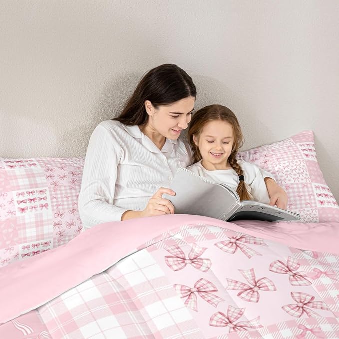 Feelyou Pink Bow Kids Comforter Set Twin Size Princess Bow Bedding Set Cute Bowknot Duvet Quilt for Kids Boys Girls Bedroom Kawaii Decor Microfiber Ultra Soft Breathable