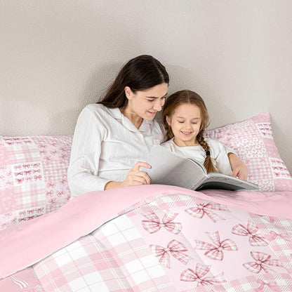 Feelyou Pink Bow Kids Comforter Set Full Size Princess Bow Bedding Set Cute Bowknot Duvet Quilt for Kids Boys Girls Bedroom Kawaii Decor Microfiber Ultra Soft Breathable