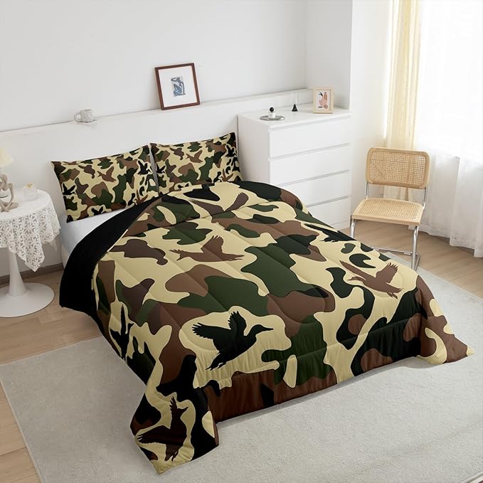 Erosebridal Farmhouse Comforter Set King Size Camo Bedding for Kids Army Camouflage Hunting Bedding Comforter Sets Vintage Brown Green Room Decor Wild Animal Duck Rustic Duvet Insert