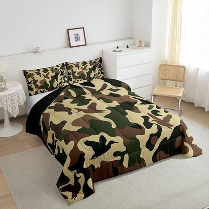 Erosebridal Farmhouse Comforter Set King Size Camo Bedding for Kids Army Camouflage Hunting Bedding Comforter Sets Vintage Brown Green Room Decor Wild Animal Duck Rustic Duvet Insert