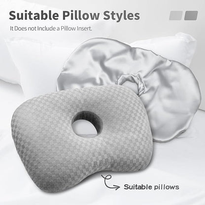 Washable Ear Piercing Pillowcase - Removable Satin Cover with Hole for Side Sleepers, CNH & Ear Pain Relief, Soft Guard for Pressure Sores, Light Gray Silk