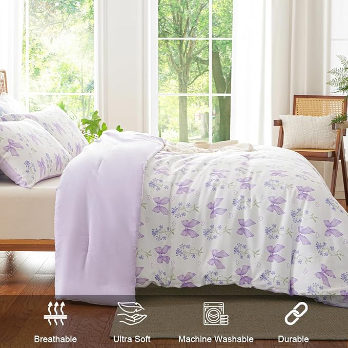 Purple Bow Comforter Set Twin 2 Pieces Floral Bedding Set for Girls Kids, Romantic Princess Style Bowknot Bedding, Ultra Soft Microfiber Garden Flower Comforter Sets with 1 Pillowcase