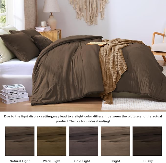 WRENSONGE King Size Comforter Set - 3 Pieces Chocolate Brown Comforter Prewashed Soft Lightweight for All Seasons,Fluffy Down Alternative Comforter King Size with 2 Pillow Shams