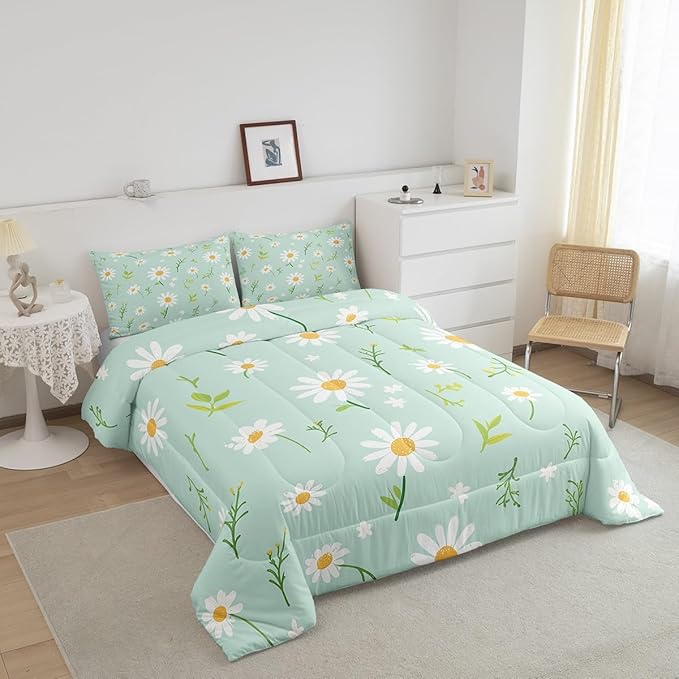 Manfei Cute Flower Comforter Set King Size, Botanical Theme Floral Print Bedding Set 3pcs for Kids Girls Room Decor, Watercolor Daisy Quilt Set Soft Polyester Duvet Set with 2 Pillowcases