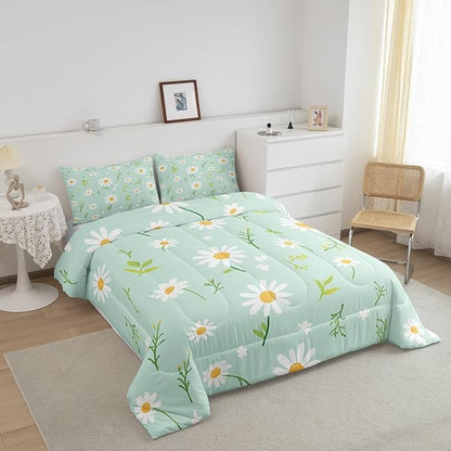 Manfei Cute Flower Comforter Set Twin Size, Botanical Theme Floral Print Bedding Set 2pcs for Kids Girls Room Decor, Watercolor Daisy Quilt Set Soft Polyester Duvet Set with 1 Pillowcase