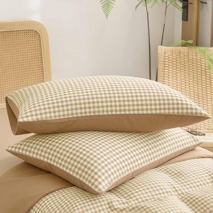 ETDIFFE Brown Comforter Set Queen Size, 3 Piece Tan Gingham Grid Bed Set - Soft and Lightweight Buffalo Checkered Plaid Microfiber Down Alternative Comforter (90x90)