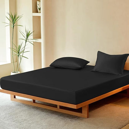 THXSILK Luxury Mulberry Silk Fitted Sheet Set 3 Pcs, Full Silk Bed Sheet Set with 16" Deep Pockets, Soft & Cooling Sheets, 1 Fitted Sheet, 2 Pillowcases with Zipper Closure - Black